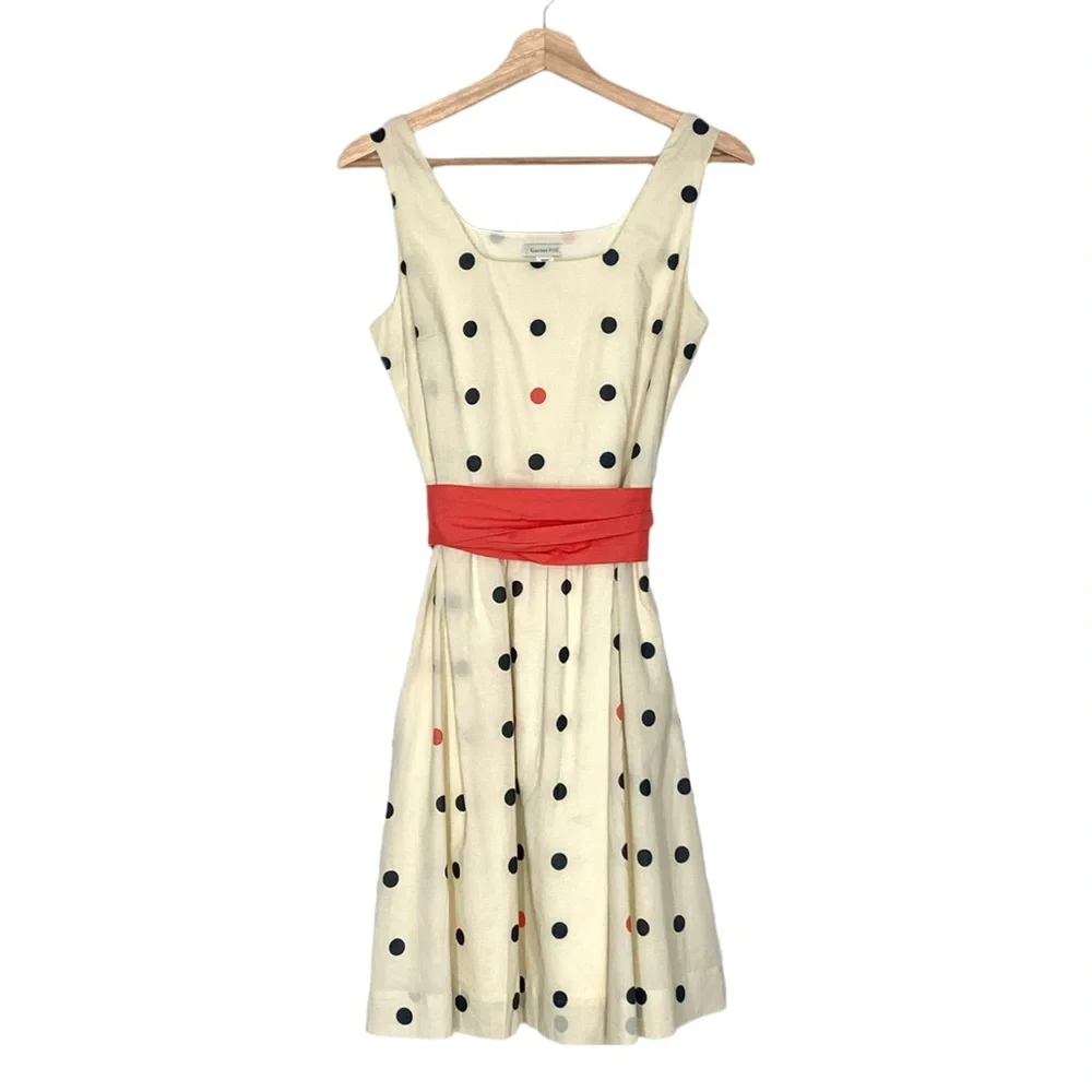 Garnet Hill A-Line Polka Dot Sleeveless Dress w/Tie Belt in Cream Size 6 - Picture 4 of 13